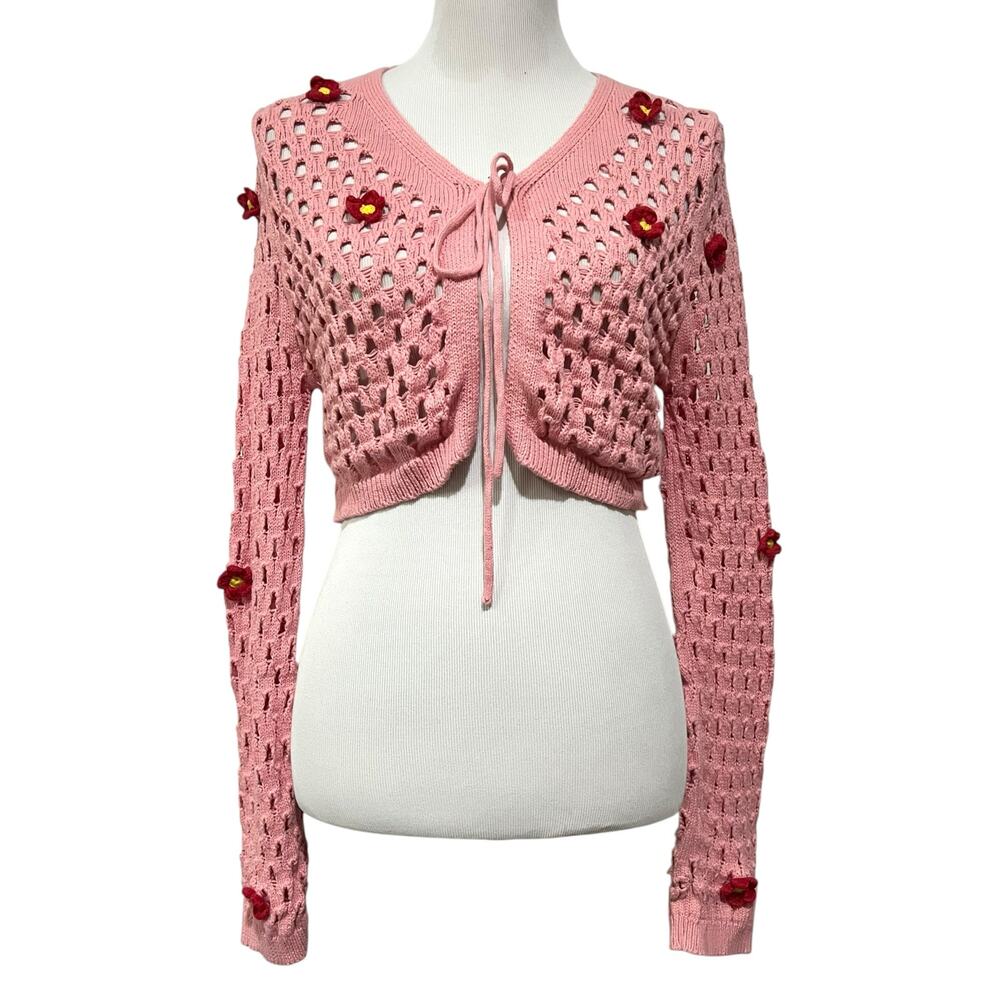 Crochet Cardigan Granny Stitch Handmade Sweater Short Sleeve Cotton Women’s Sz L